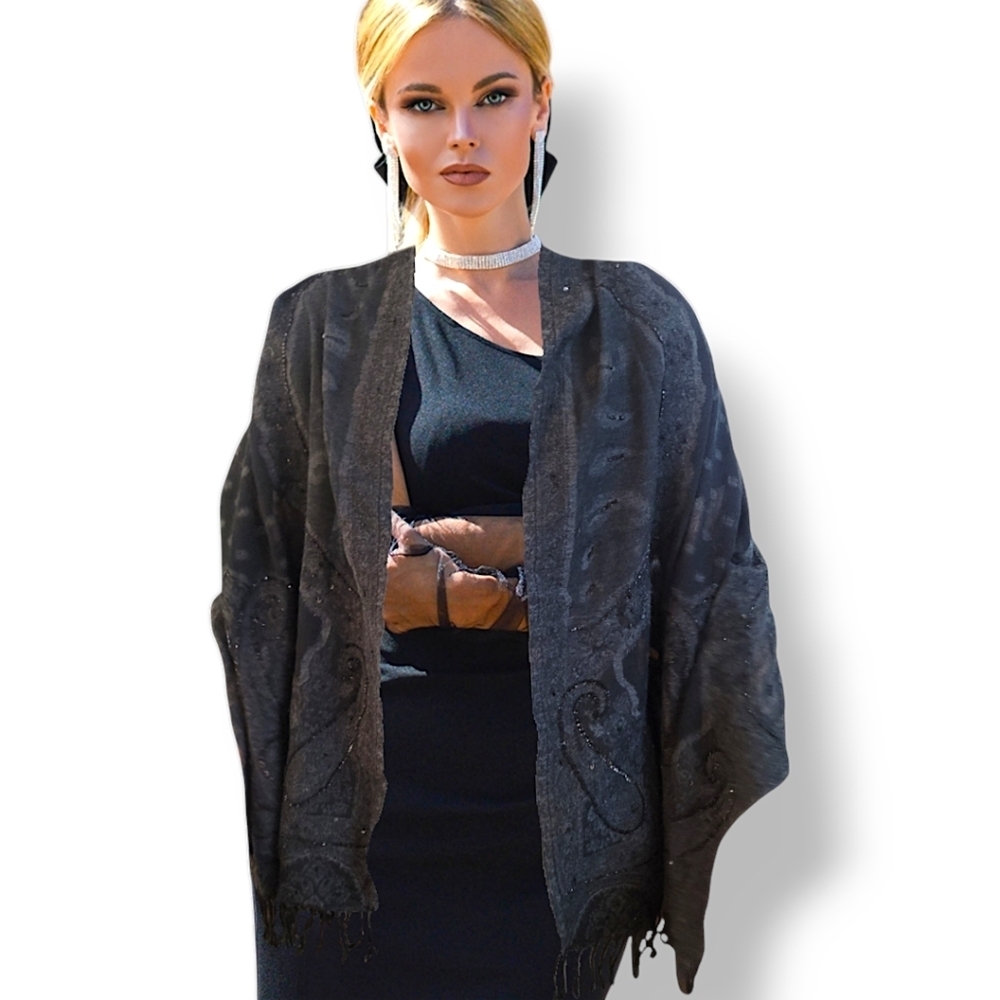 Anthro Ahujasons Beaded Merino Blend Jacquard Shawl Wrap